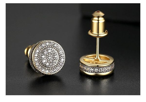 

fashion punk gold cubic zirconia round stud earrings for men hip hop micro pave crystal unisx jewelry male, Golden;silver