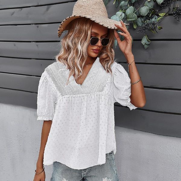 

women's t-shirt 2021 summer v-neck casual solid color loose lace top, White