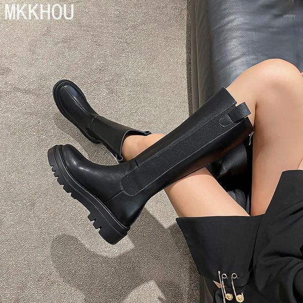 

boots mkkhou fashion knee-length women autumn winter cowhide round head thick-soled straight women's large size1, Black