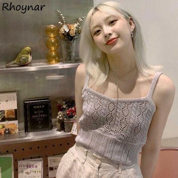 

women's tanks & camis women knitted hollow out fashion streetwear basic crop bf breathable soft korean style aesthetic all-match su, White