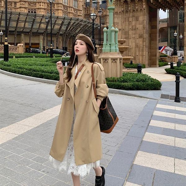 

women's trench coats designer splicing stand collar adjustable cuff design loose street style mid-length windbreaker british ladies spr, Tan;black