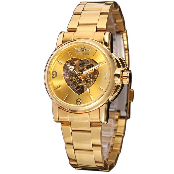 

winner gold watches classic clock women's skeleton s automatic mechanical rust-steel tape, Slivery;brown