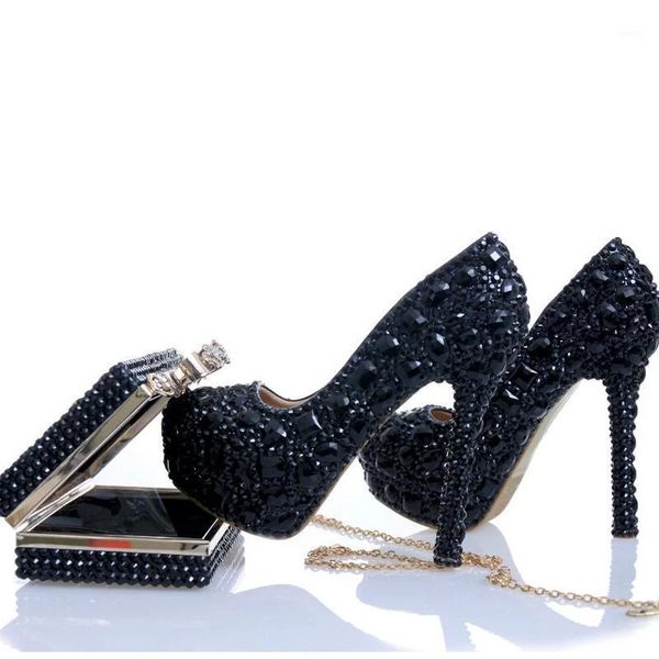 

black crystal bridal dress shoes with clutch rhinestone wedding party cinderella prom pumps nightclub heels