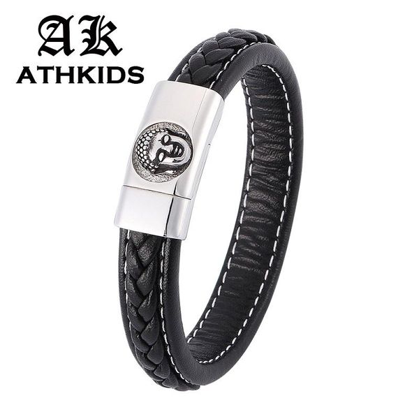 

charm bracelets retro black braided leather bracelet men fashion buddha steel magnetic buckle male jewelry trendy gifts pd0351, Golden;silver