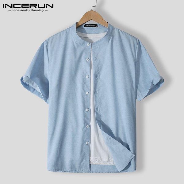 

men's casual shirts incerun summer men shirt solid color stand collar button short sleeve camisa masculina streetwear 2021 leisure s-5, White;black