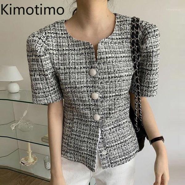

kimotimo vintage tweed lady coats korean chic summer v-neck single breasted design loose thin section puff sleeve short jackets women's, Black;brown