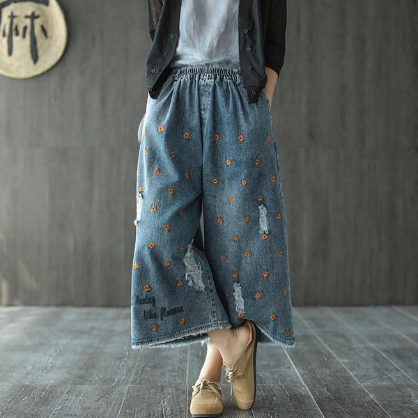 

jean spring summer arts style women elastic waist loose vintage embroidery ripped jeans femme casual denim wide leg pants s951 4zdb, Blue