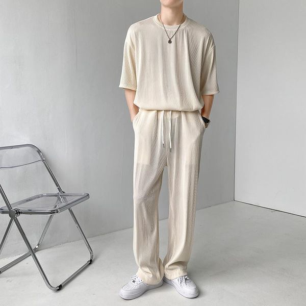 

men's tracksuits summer pleated sets fashion solid color casual t-shirt pants mens korean loose short ice silk, Gray
