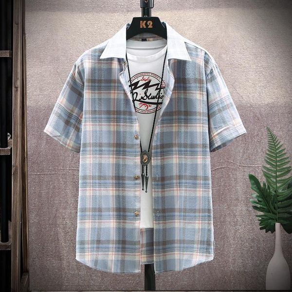 

men's casual shirts selling product in 2021 plaid shirt short-sleeved loose summer handsome camisas para hombre, White;black
