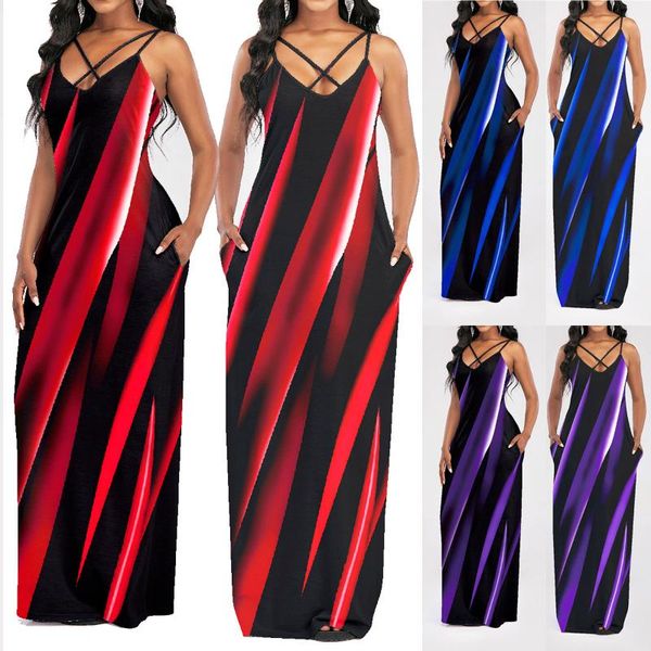 

casual dresses color stripe print pocket loose dress women fashion cross bandage club party spaghetti strap backless maxi, Black;gray
