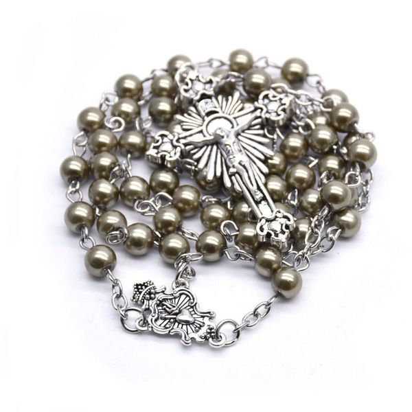

pendant necklaces 2021 6mm antique praying beaded necklace 3 colors pearl christ catholic cross rosary religious jewelry gift for women, Silver