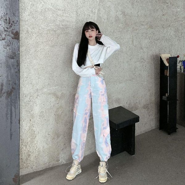

women's pants & capris 2021 spring and autumn high waist fried street loose tooling tie dye drawstring casual straight harem trousers c, Black;white