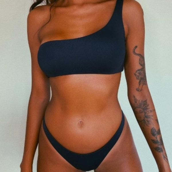 

women's swimwear women bikini 2021 solid one shoulder biquini swimsuit push up set brazilian beach bathing suit swim wear #t1q, White;black