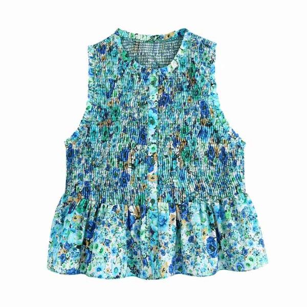 

summer women flower printing elastic short vest shirt female sleeveless blouse casual lady slim blusas s8916 210430, White