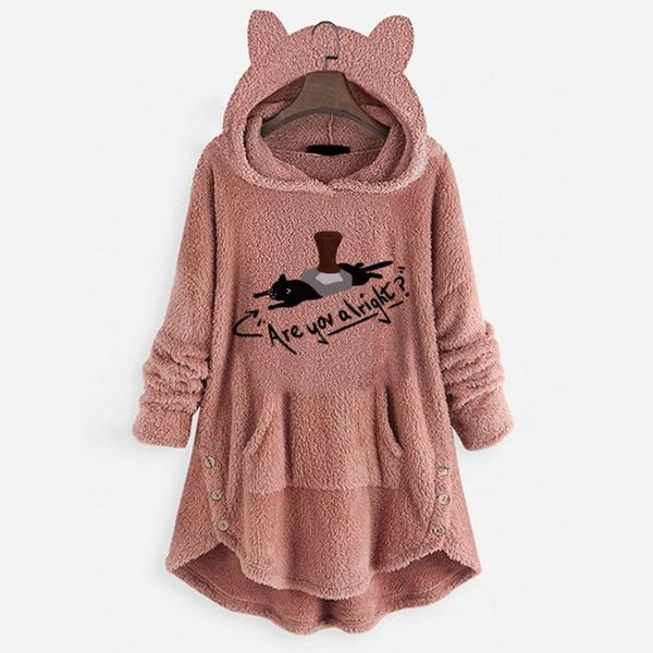 

women's hoodies & sweatshirts 2021 women long sleeve cat ear pullover hoodie fleece printed with button pockets comfy cute #h, Black