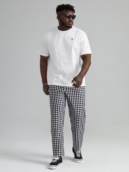 

extended sizes men letter graphic tee & gingham print pants set k5th#, Gray