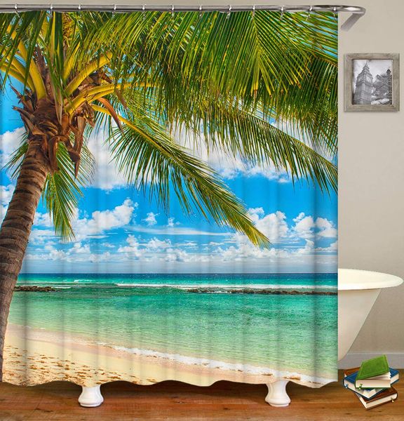 

beach coconut tree blue sky white cloud privacy protection, color printing decoration shower curtain