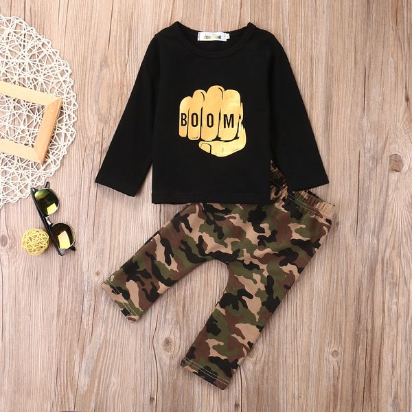 

boom long sleeve tee shirt and camouflage pants 2pcs set for baby boy clothes, White