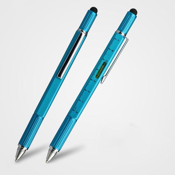 

metal 6 in 1 multifunction ballpoint pen with level scale + double screw head etc tool arrival kawaii r20 pens, Blue;orange