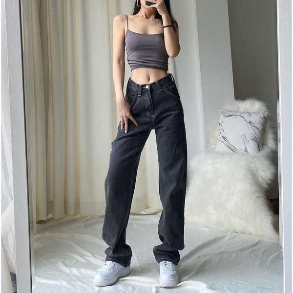 

women's jeans wffjeans high waist wide leg pants straight black fashion loose boyfriend, Blue