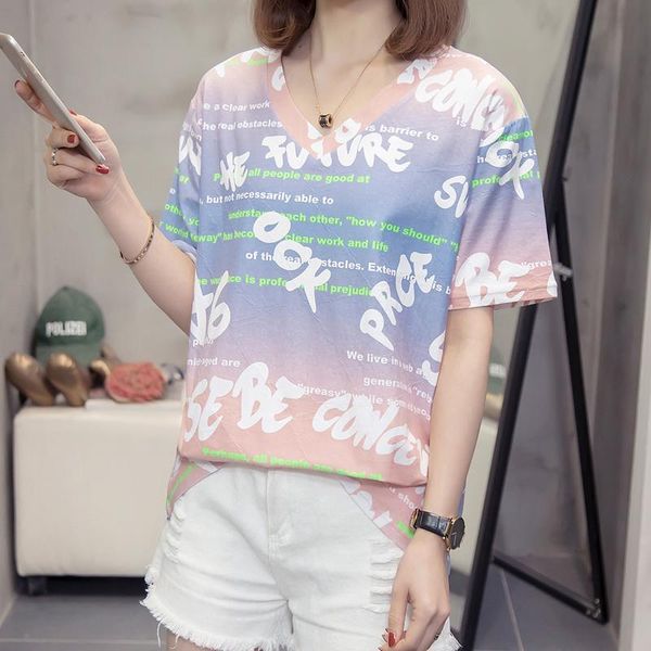 

women's t-shirt summer 2021 fashion printing short-sleeved female harajuku style loose plus size 4xl daily casual v-neck women, White