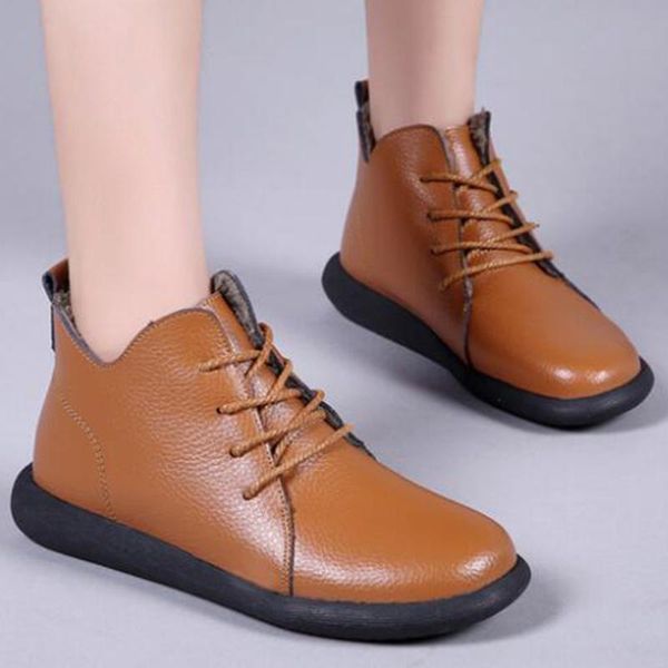 

boots winter ankle women genuine leather shoes woman autumn rubber female lace-up flat with fur botas mujer zy77, Black