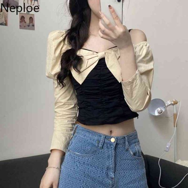 

neploe irregular blouses women off shoulder shirts contrast color patchwork bow elegant blusas mujer lady chic 4i536 210422, White