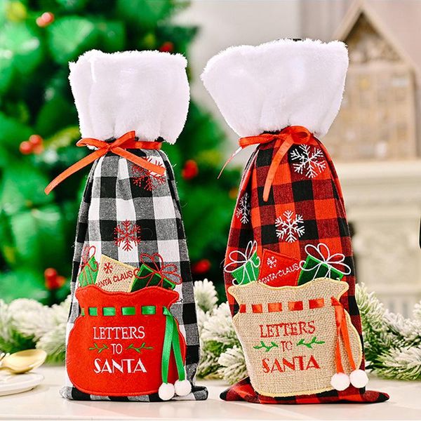 

christmas decorations red wine bottle bag and black lattice embroidery cover