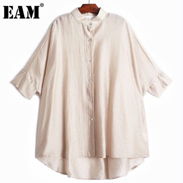 

[eam] women black big size blouse stand neck batwing short sleeve loose fit shirt fashion spring summer 1dd8246 210512, White