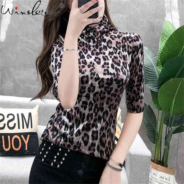 

t shirt women tshirt spring/autumn vintage turtleneck soft velvet print half sleeve t-shirt slim ropa mujer t07812b 210421, White