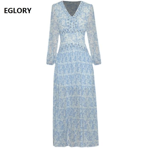 

dresses summer fashion long women v-neck vintage blue porcelain print studs beading long sleeve pleated, Black;gray