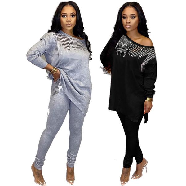 

dresses africa women winter handmade sequined pattern long sleeve pullover trousers 2pcs clothing sets, Black;gray