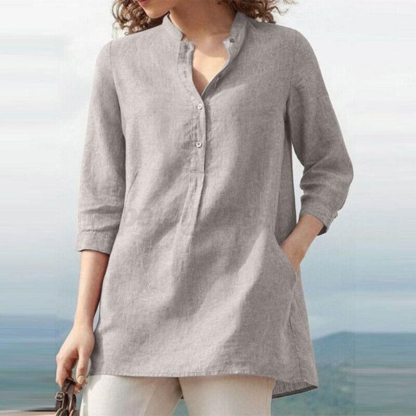 

women's blouses & shirts 2021 spring autumn leisure button v neck cardigan loose long sleeve linen shirt cotton, White