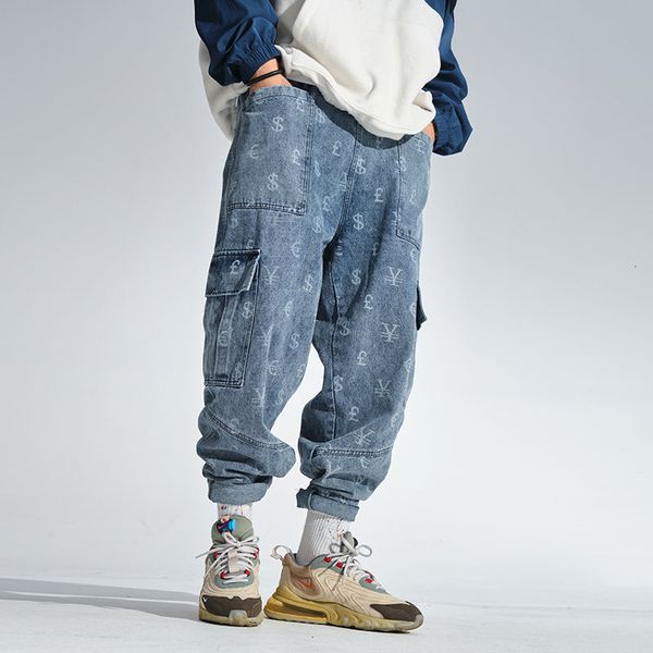 

men's jeans loose haren pants oversized printing casual baggy homme cargo pocket biker denim trousers big size -5xl b63o, Blue