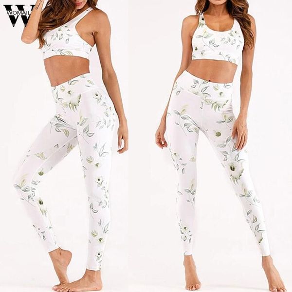 

womail women tracksuit summer print gym workout clothe sleeveless fitness suit crop hip bottom pant ultra strech sport women's tracksui, Gray