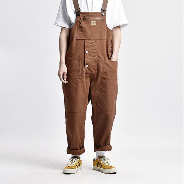 

men's pants 2021 overalls men street japanese jumpsuits mens cargo work rompers casual male loose hip hop baggy bib trousers, Black