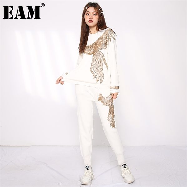 

[eam] wide leg pants knitting two piece suit round neck long sleeve loose fit women fashion autumn winter 3ac224 211109, White