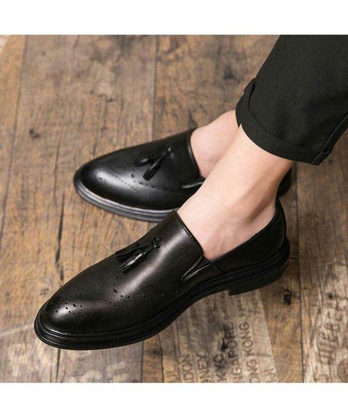 

men's handmade pu black retro tassel hollow fashion trend classic business loafers low-heel comfortable casual lazy shoes zq0301 dress