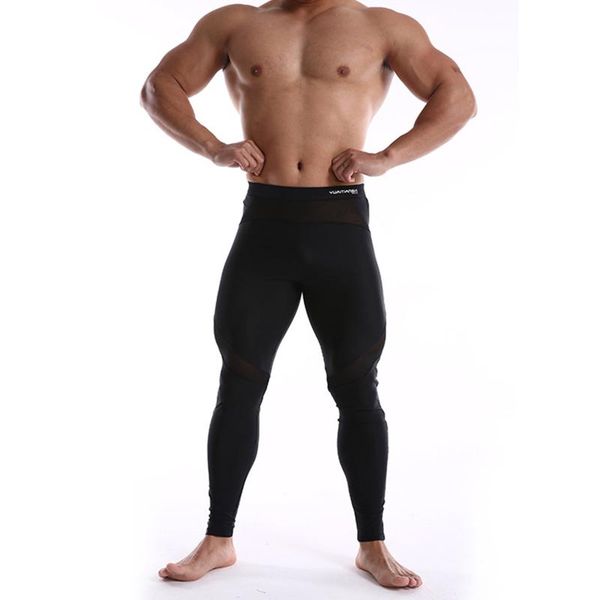 

men's pants man solid color skinny sport gym legging wide elastic waist mesh patchwork stretchy fitness workout sportswear, Black