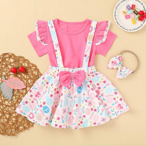 

fashion toddler kids baby girls solid frill t shirt +easter eggs floral bow suspender skirts set vetement enfant fille 2021 clothing set, White