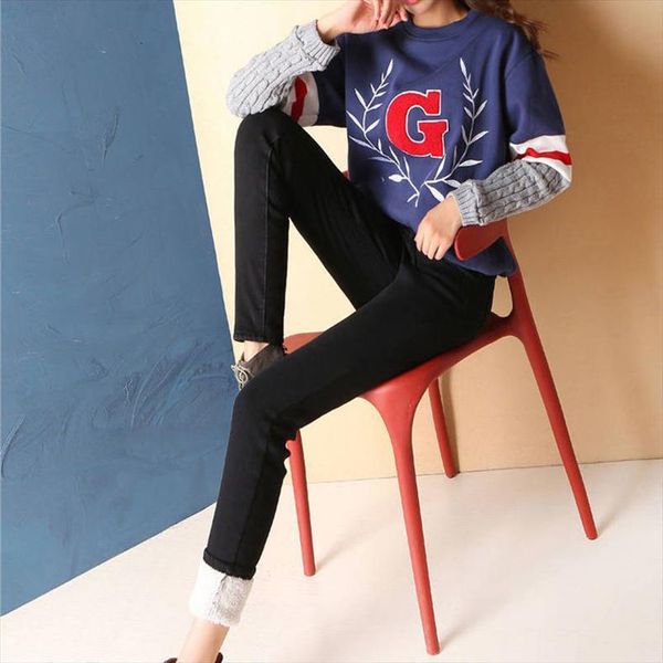 

fashion street wear stretch womens short waist skinny jeans warm plus size woman elastic high denim pants pencil, White;black