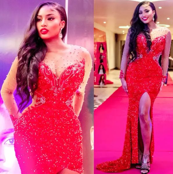 

red mermaid evening dresses beaded pearls ruched pleats long sleeves custom made 2022 prom party gown side slit sequins celebrity formal occ, Black;red