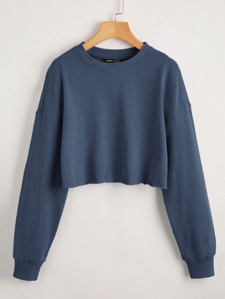 

drop shoulder raw hem crop pullover f6oe#, White;black