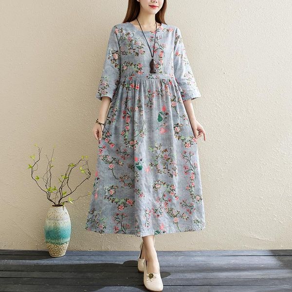 

casual dresses cotton linen thin vintage floral for women three quarter sleeve loose summer dress elegant clothes 2021, Black;gray