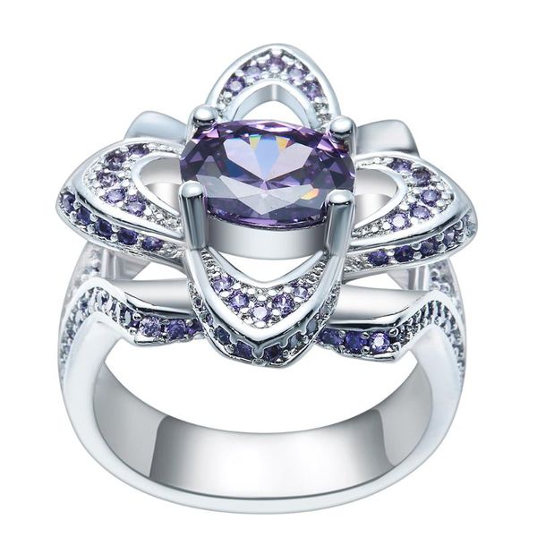 

wedding rings luxury micro pave setting purple cz stones flower shaped women's ring ,shinning jewelry women birthday, Slivery;golden