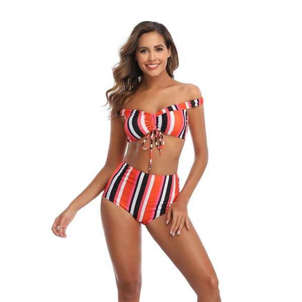 

women's swimwear sext thong bikini set women 2021 bandeau padded brazilian orange striped beachwear biquini swimsuit bathing suit, White;black