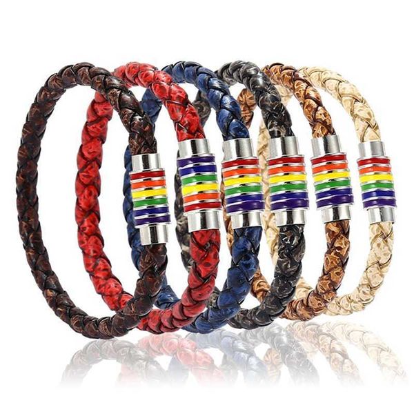 Bangles de couro trançado pulseiras de aço inoxidável arco-íris magnético pulseira homens mulheres encantos pulseira dropshipp q0719