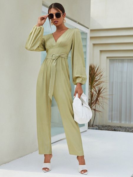 

plunging neck lantern sleeve belted jumpsuit b9co#, White