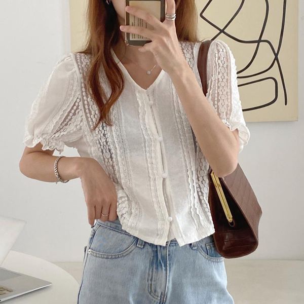 

women's blouses & shirts women chic hollow out v-neck lace 2021 summer elegant single-breasted shirt puff sleeve loose white