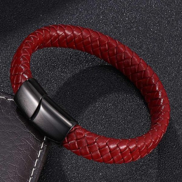 

charm bracelets trendy red braided leather bracelet men jewelry stainless steel black magnetic clasp male bangles gifts st0021, Golden;silver